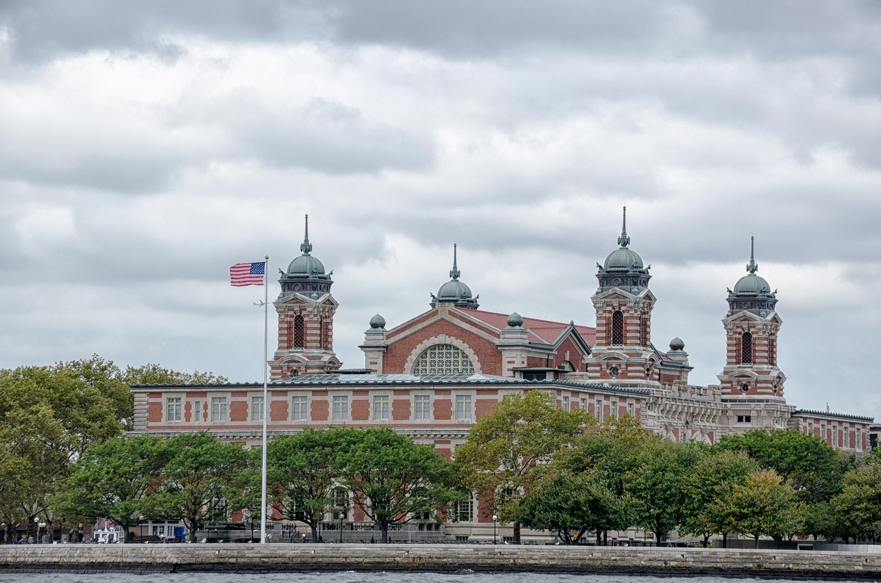 Ellis Island Great Hall with American flags